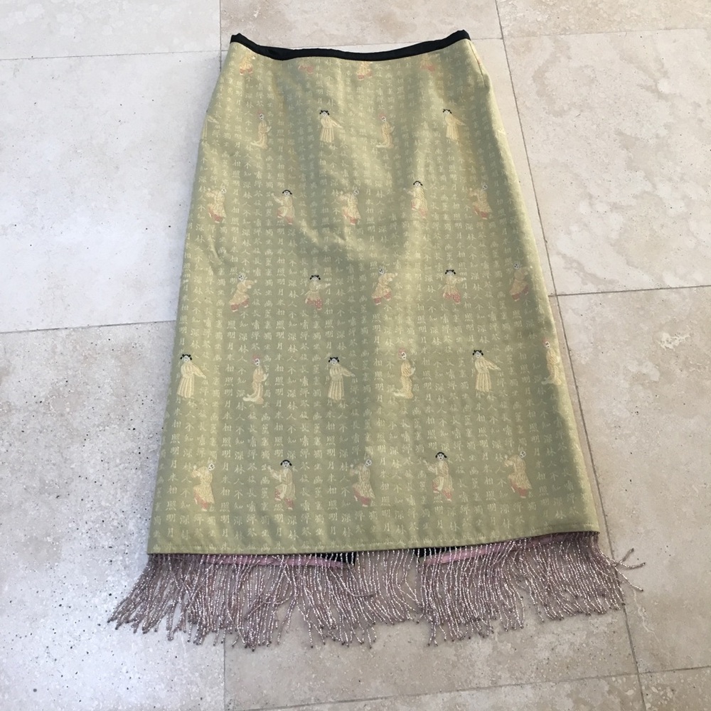 Vintage Green Printed Pencil Skirt with Fringe